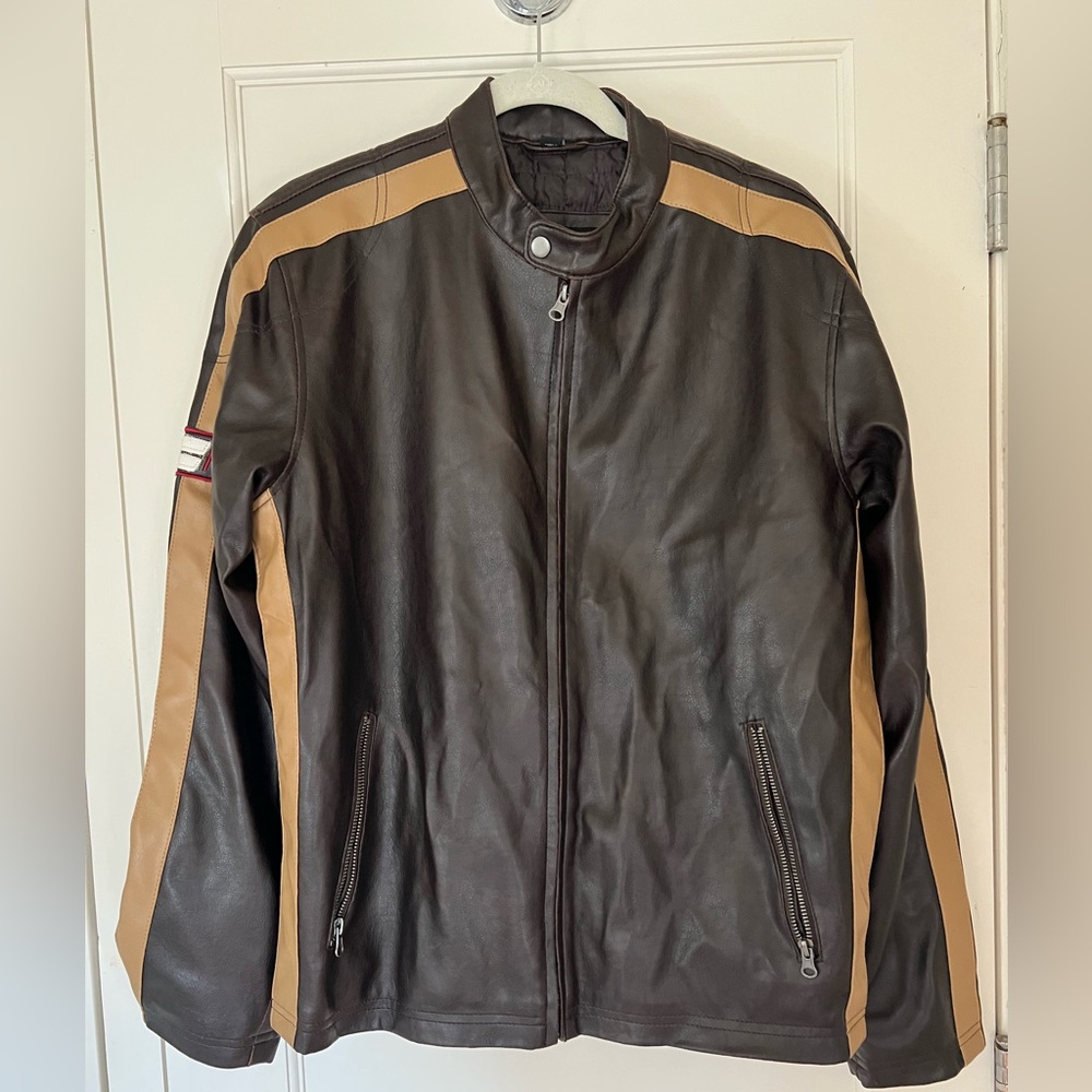 Men's Brown and Tan Faux Leather Jacket Retro Racer Jacket Size Small